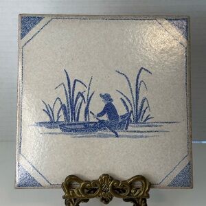 Vintage Piemme Blue and White Tile Made In Italy Of A Fisherman 6”x6”